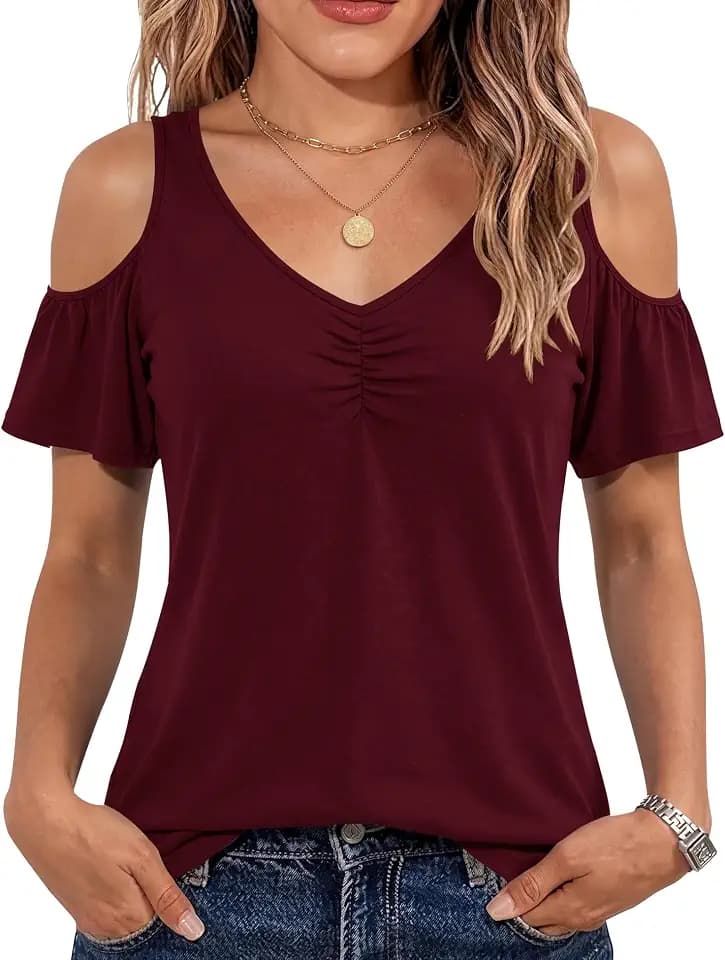 Micoson Cold Shoulder Tops for Women Summer V Neck Short Sleeve Blouses