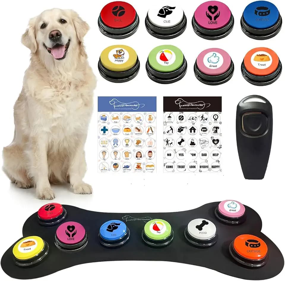 Dog Buttons for Communication with Training Clicker,Set of 8 Color Dog Talking Buttons,Starter Set 30S HD Recordable Training Buttons with Waterproof Anti-Slip Mat + 50 Scene Stickers
