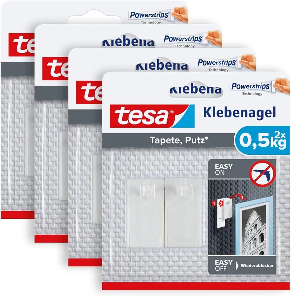 tesa Klebenagel für Tapete & Putz, 0,5 kg - 4 x 2 Nägel inkl. Powerstrips