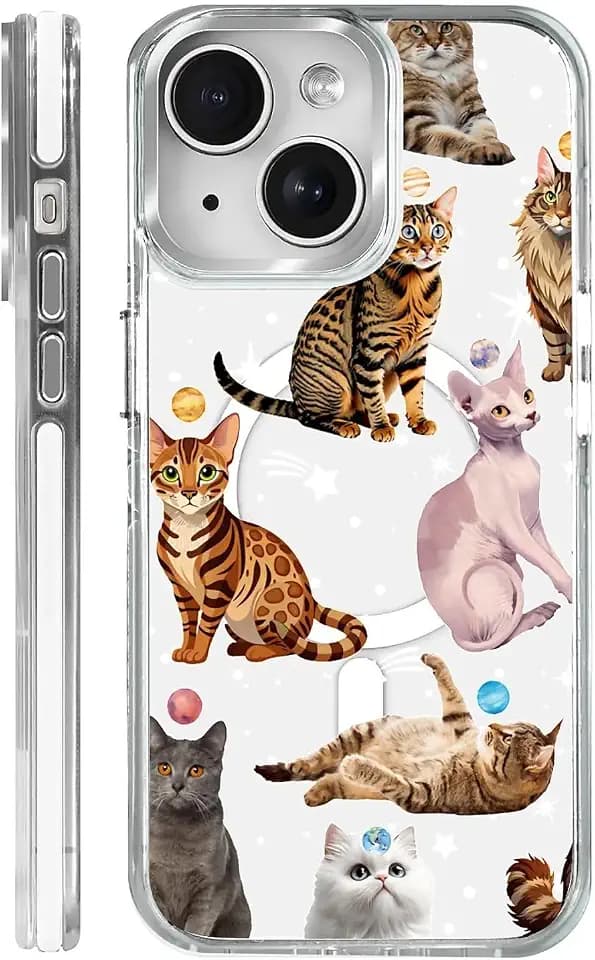 for iPhone 14 Clear Case, Planet Cat Pattern Compatible with Magsafe Soft Protective Case for Women Girl (White)