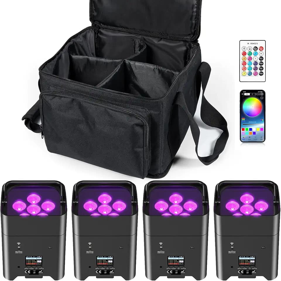 U`King 4er 108W RGBWA+UV Akku LED Par Scheinwerfer Wiederaufladbarer mit Tasche und Fernbedienung, APP/DMX partylicht Bühnenlicht für DJ disco Bar KTV Hochzeit