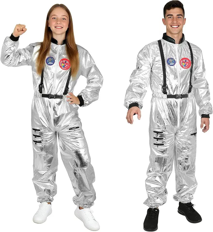 AUYAO Astronaut Kostüm Erwachsene Herren Frauen, Silber Astronauten Space Anzug Weltall Kostüm mit Taschen, Spaceman Raumfahrer Costume für Damen Herren Faschingskostüme Halloween Cosplay Karneval