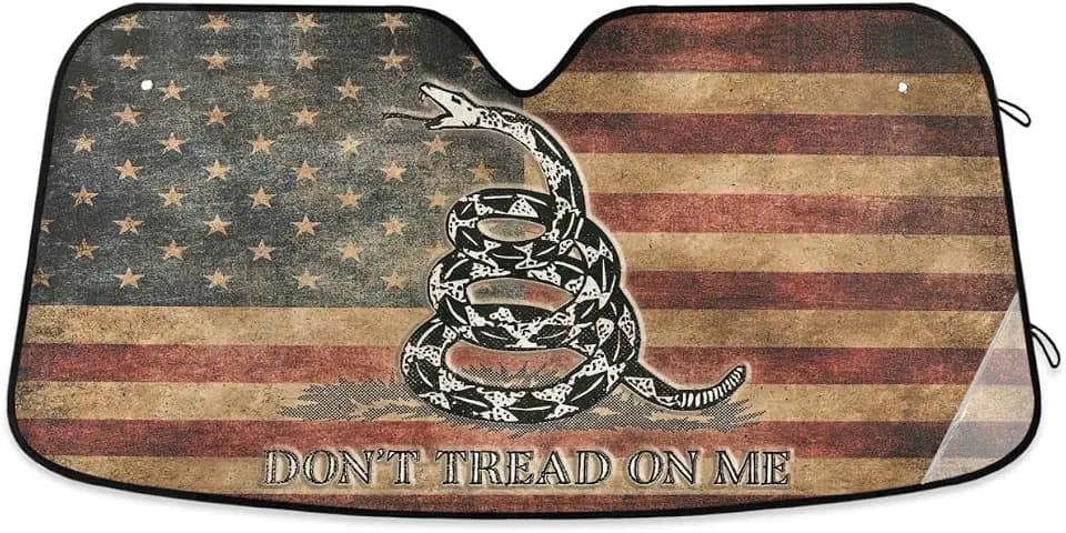 Vintage American Flag Car Windshield Sun Shade Dont Tread On Me Car Sun Visor for UV Rays and Sun Heat USA Flag Black Coiled Rattle Snake Sun Foldable Sun Shield 57x32 Inches Automotive Accessories