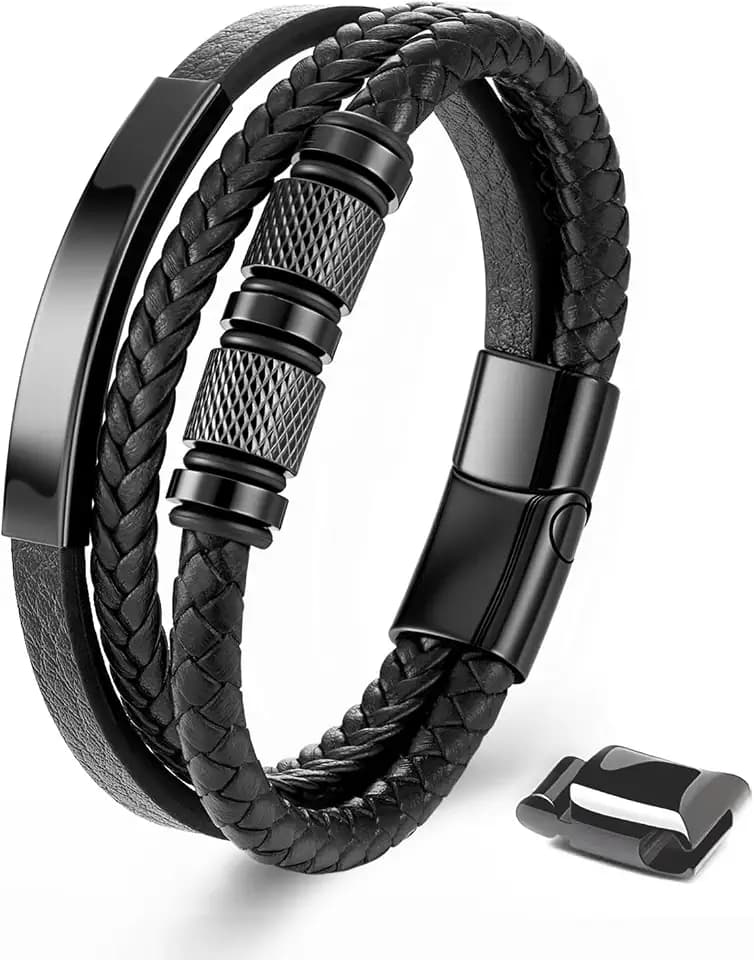Armband Herren - Lederarmband - Edelstahl-Magnetschließe Armband - Geflochtenes Lederarmband - Armbänder für Herren als Geschenk für Geburtstag, Valentinstag, Weihnachten oder Vatertag Schwarz