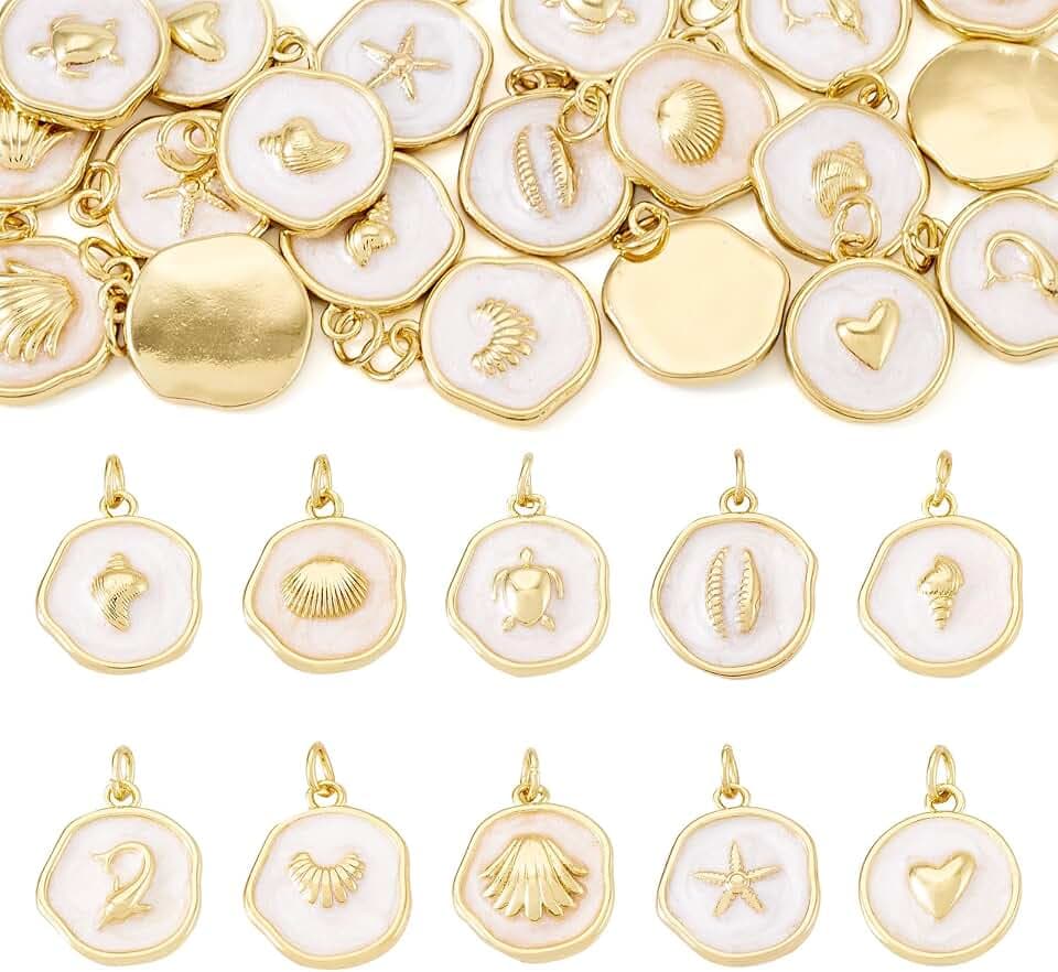 Beadthoven 20pcs Ocean Sea Enamel Charms, Sea Turtles Starfish Spiral Con Shells Fish Heart Enamel Brass Pendants Golden White Small Tags Dangle Beads for Necklace Bracelet Earrings Jewelry Making DIY
