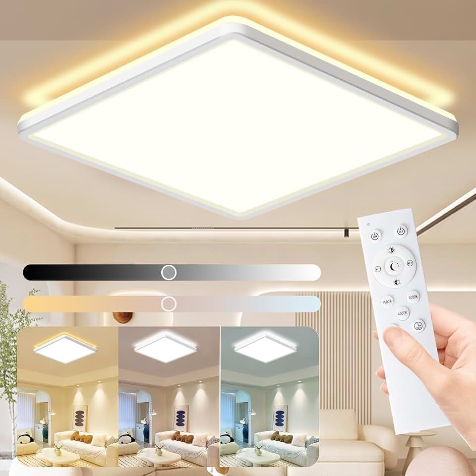 LED Deckenleuchte Flach Dimmbar mit Fernbedienung, 24W 3200LM, 3000-6500K Ultra Dünn Deckenlampe Backlighteffekt Decke Lampe für Wohnzimmer Schlafzimmer Küche Bad Balkon Quadratisch 29cm,Weiß