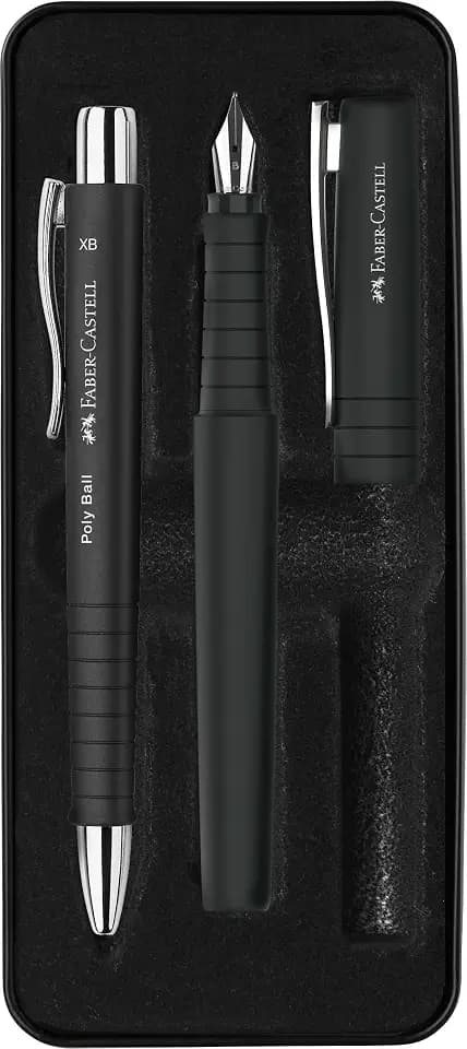 Faber-Castell Poly Pen Fountain and Ballpoint Pen Gift Set - Black: Fountain Pen Set with Broad Nib & Smooth Ballpoint Pen, Ergonomic Grip, Great for Journaling, Graduation Gifts & Father's Day