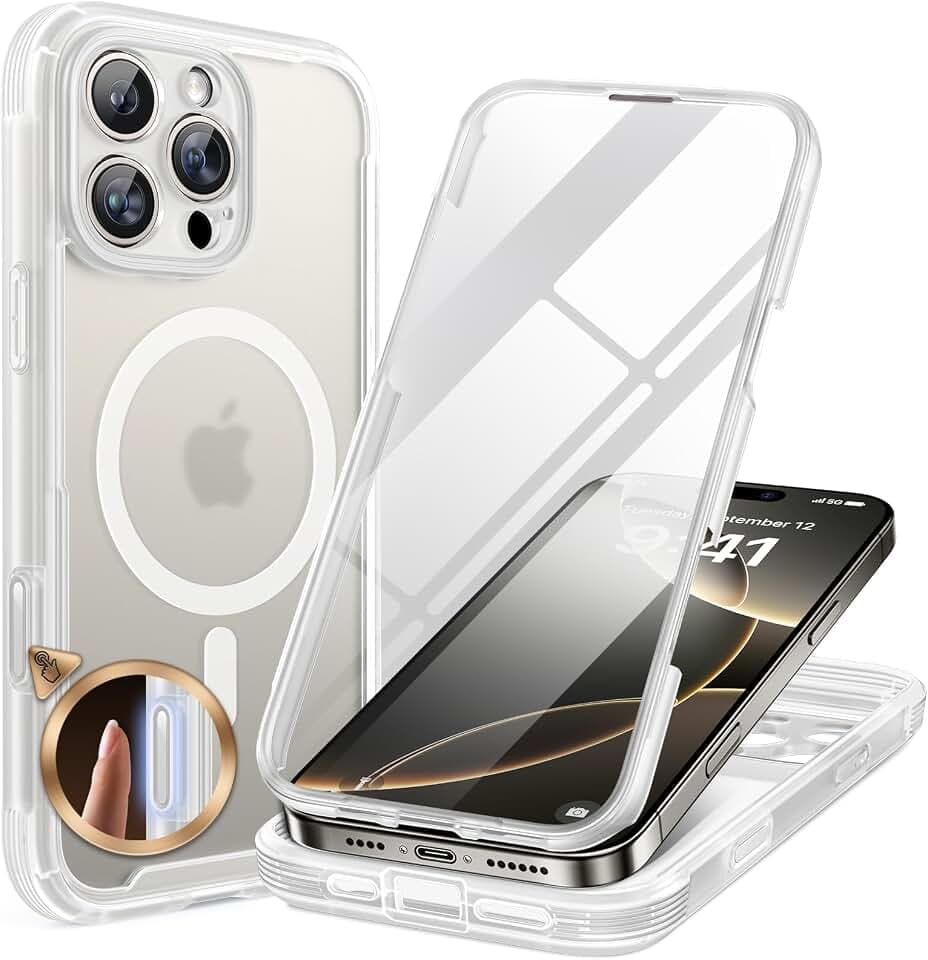 miracase Magnetic for iPhone 16 Pro Case Full-Body Phone with Built-in Glass Screen Protector, [Compatible with MagSafe] Military Drop Proof 16 Pro Cover Bumper 6.3 inch, Matte Clear