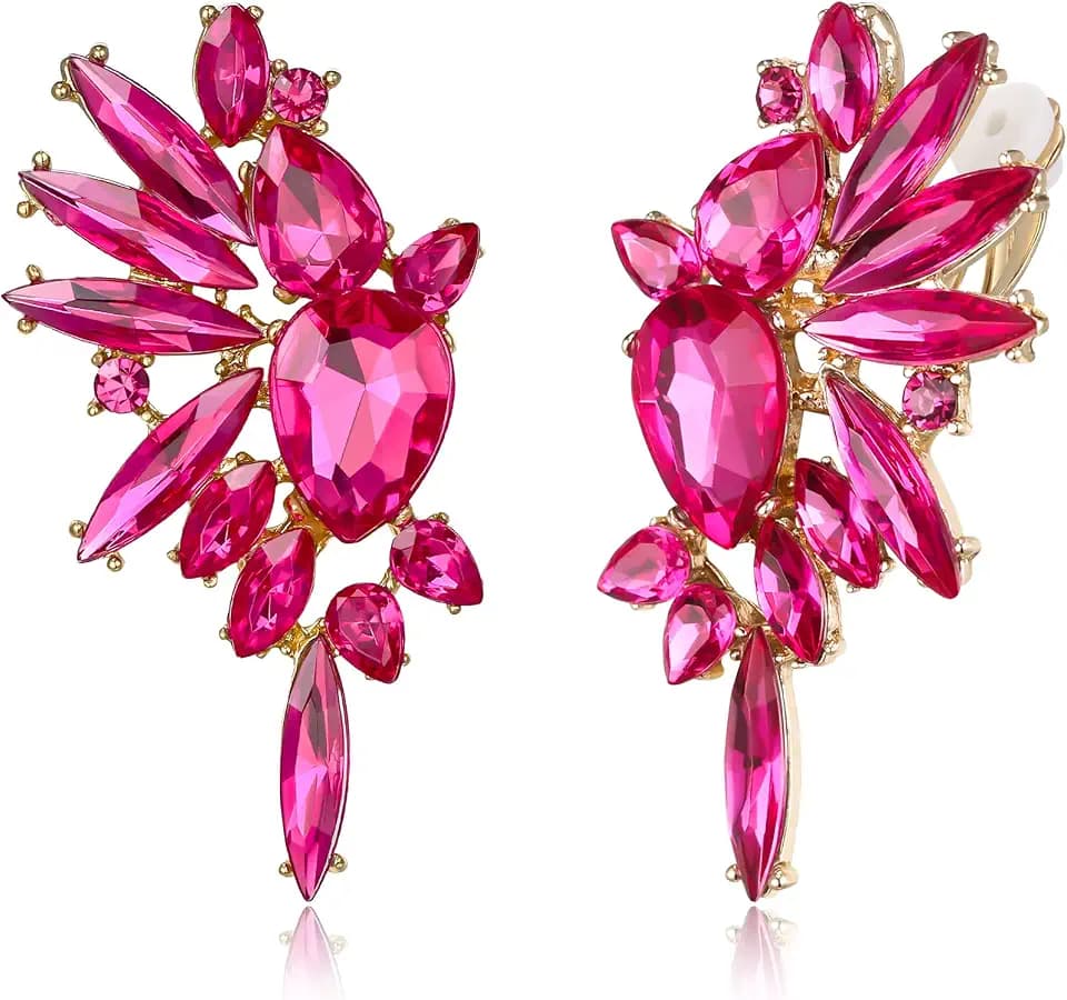 EVER FAITH Vintage Rhinestone Statement Earrings, Fashion Bling Colorful Marquise Drop Crystal Cluster Dangle Clip-on Earrings for Women