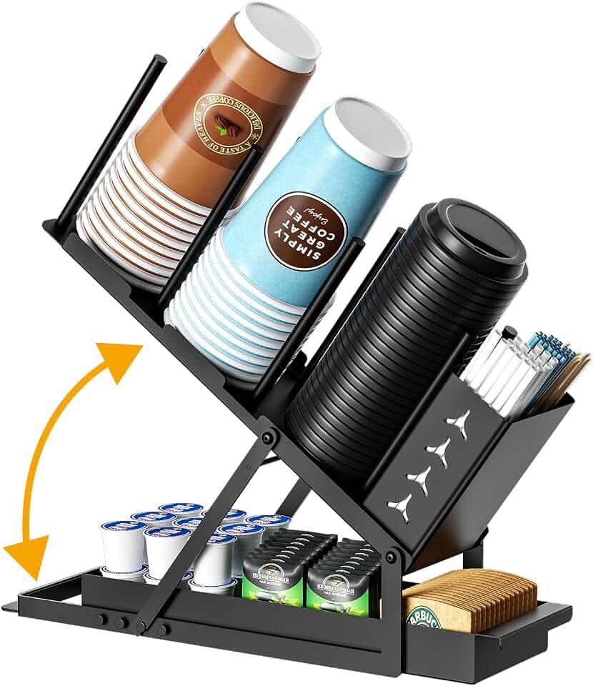 5 Compartment Metal Coffee Cup and Lid Holder with Straw Organizer