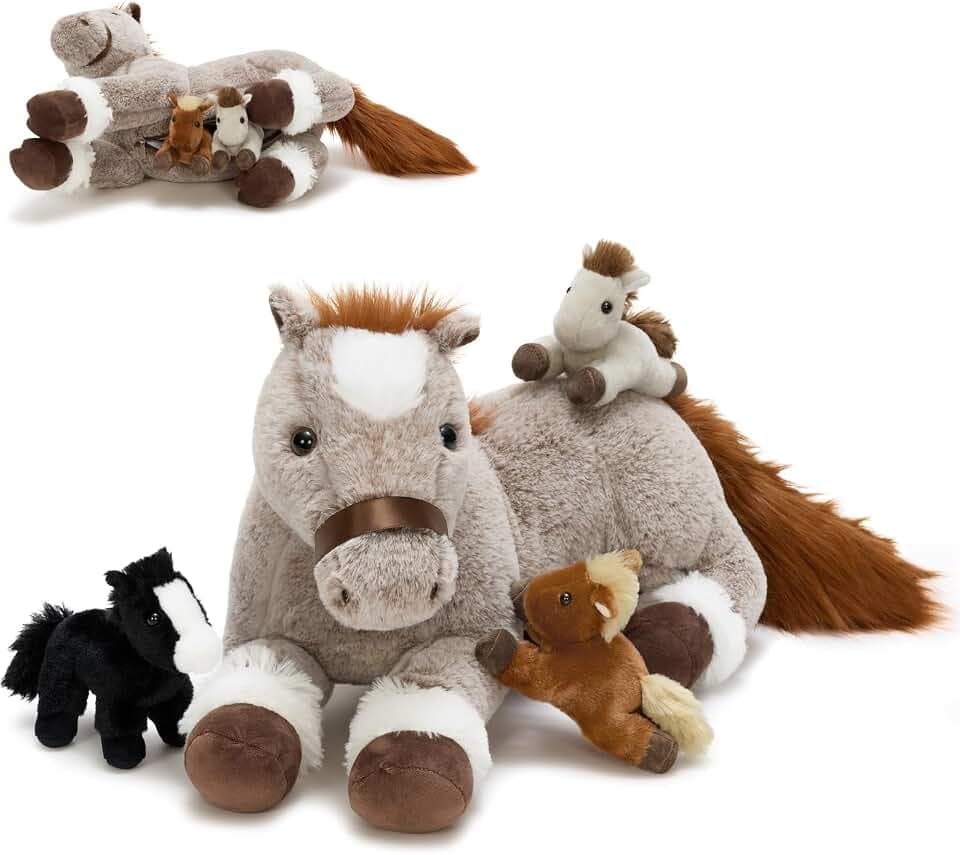 MorisMos groß Pferd Kuscheltier mit 3 Baby im Bauch, 45cm weich Pferd Stofftier Plüschtier, Horse Spielzeug als Geburtstag Weihnachten Geschenk für Kinder Baby