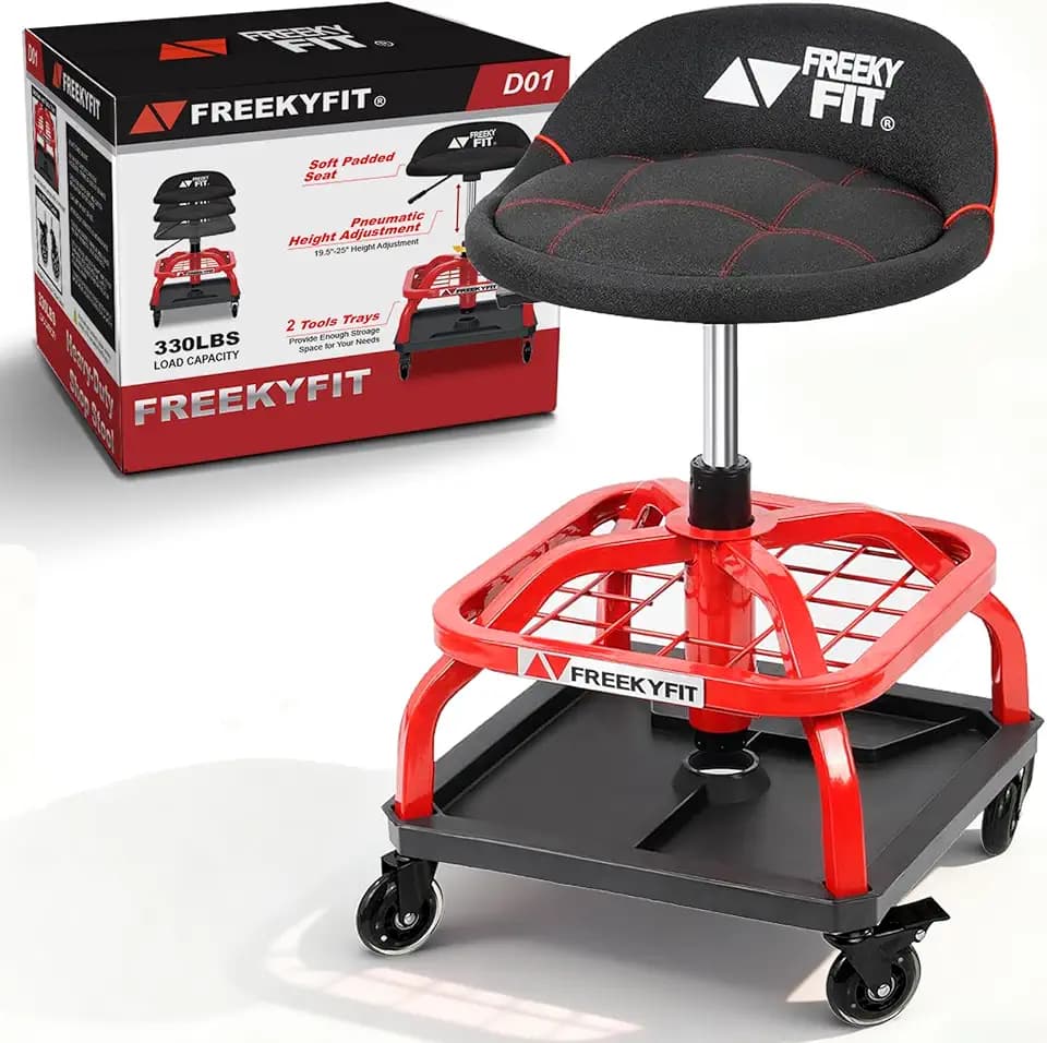 Rolling Shop Stool with Wheels, Garage Work Mechanic Stool with Backrest, Roller Mechanic Chair, Adjustable Height, 360° Swivel, Tool Tray Storage, 330 LBS Capacity, Heavy Duty, Red