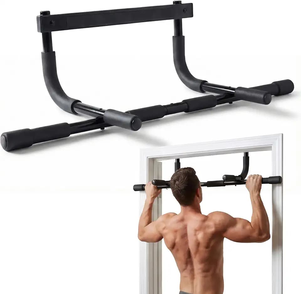 DMoose Fitness Pull Up Bar for Doorway - No Screwing or Slipping, Hanging Pullup & Chin Up Bar for Door Frame - Multi Padded Grips for Strength Training with Installation Guide