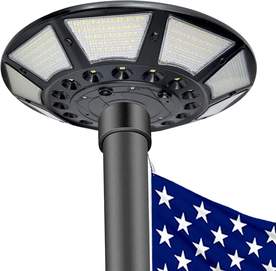 Solar Flag Pole Light, 6000 Lumen 566 LED Flagpole Light Solar Powered with DC Charge Port, Waterproof, Fits Outdoor 15-30'' Flag Pole 0.55'' Diametre Ornament Spindles, 100% Flag Illumination