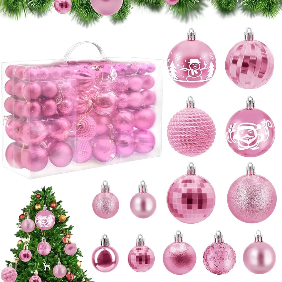 Weihnachtskugeln Set, 100 Weihnachtskugeln Kunststoff Rosa, Bruchsicher Christbaumkugeln mit Lanyard, Matt, Glänzend Weihnachtsschmuck für Drinnen & Draußen, Wiederverwendbar