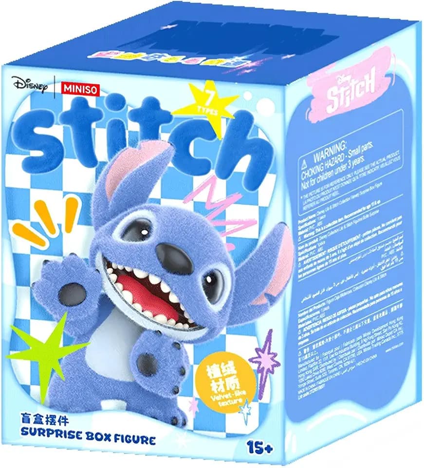 MINISO Disney Lilo & Stitch Flocked Plush Toy Surprise Box Figure Model Stitch Blind Box Toy Collectible Toy Surprise Figures for Room Decorations, Birthday Gifts (Random)