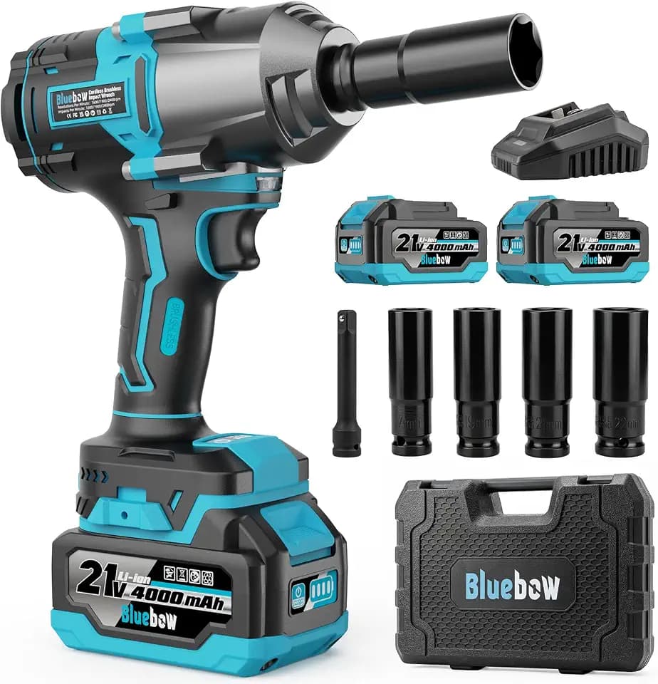 Bluebow Cordless Impact Wrench, 737.5 ft-lbs (1000 N·m) Brushless Impact Wrench with 2x4.0Ah Battery, 1/2" 3-Speed Modes Impact Gun with 4 Sockets for Pickup, Truck, Home Car