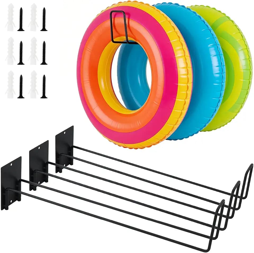 MUOUAKATE 3 Pcs Pool Float Storage Holder, 17.3 Inch Wall Mount Pool Float Organizer Storage Rack with Hangers for Swimming Ring, Towel, Tools & More Storage Indoor Outdoor Space-Saving