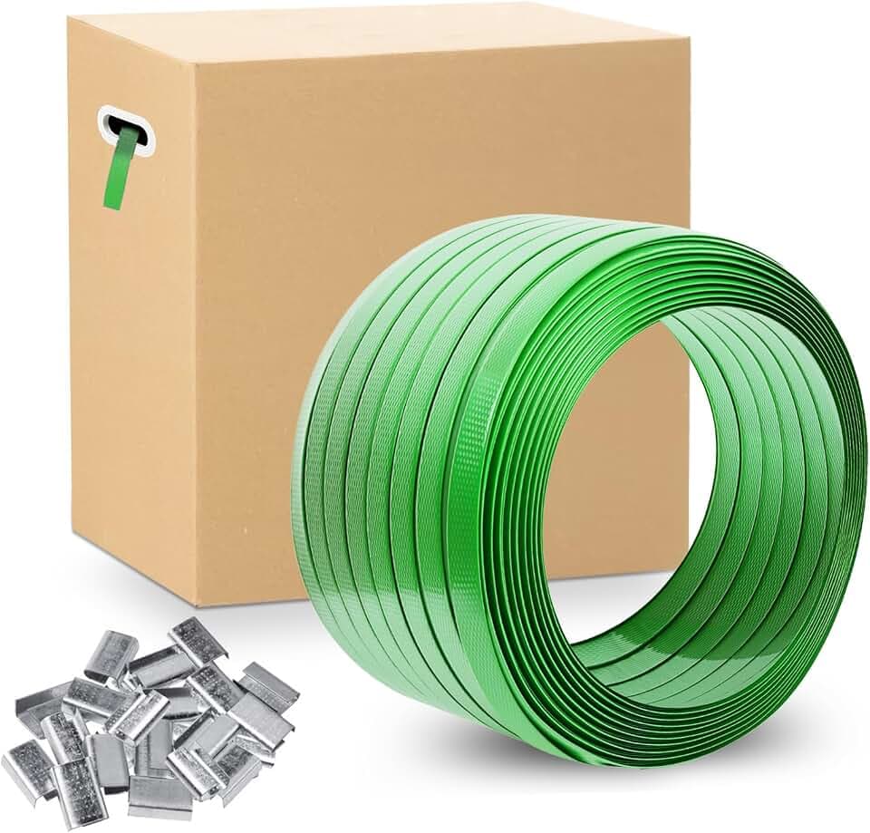 Heavy Duty Packaging Strapping Banding Roll - Green Polyester PET Industrial-Grade, 2000' x 5/8" x 0.035" Pallet Strap Coil - 1400 lbs Break Strength, Includes 200 Pcs Metal Clips