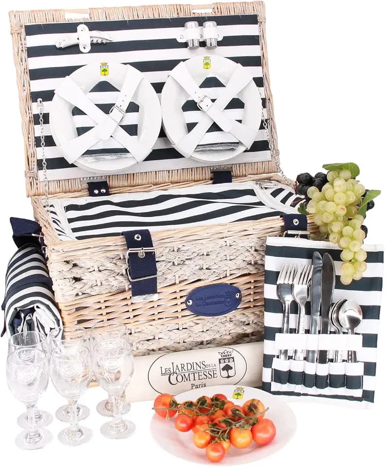 Les Jardins de la Comtesse - Picknickkorb Marine aus Weide - Komplett Für 6 Personen - Kühlfach - Keramikteller und Weingläsern/Einer Wasserdichten Tischdecke - Gestreifter Stoff - 50 x 35 x 26 cm