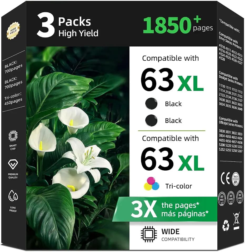 63XL Black Color Ink Cartridge Replacement for HP 63 XL 3 Pack 3830 4520