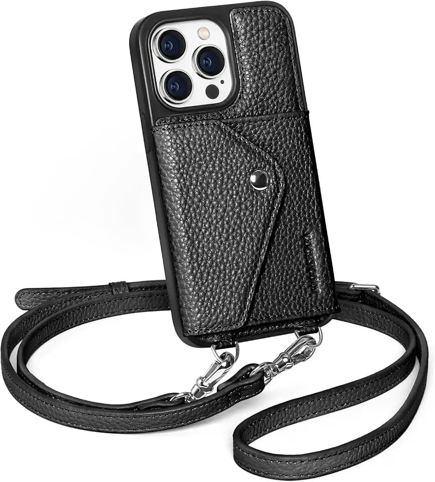 LUCKYCOIN Genuine Leather Crossbody Wallet Phone Case for iPhone 15 Pro