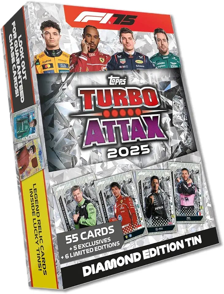 Topps Turbo Attax Formula 1 2025 - Diamond Edition Mega Tin - Contains 66 Cards Including 6 LE's and 5 Exclusives. Legend Relics Inside Lucky tins.