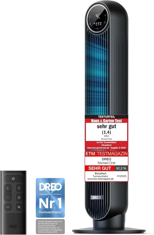 DREO Leiser Turmventilator, 10 m Wurfweite 8 Geschwindigstufen 4 Modi 8 Std. Timer 90° oszillierende Ventilator mit Kühlung Fernbedienung für Schlafzimmer,Turmventilator 307, Schwarz