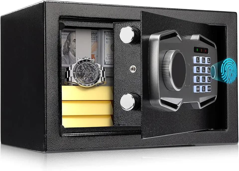 MUNBYN Smart Biometric Fingerprint Safe, 3-Way Access Lock Box with Electronic Keypad, Display Screen & USB-C Port, Small Caja Fuerte with Anti-Rust and Anti-Theft for Home & Office, Cash, Document