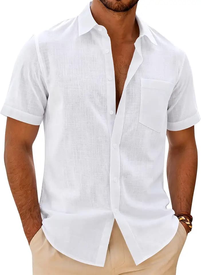 J.VER Mens Linen Textured Shirt 100% Cotton Short Sleeve Button Down Shirts
