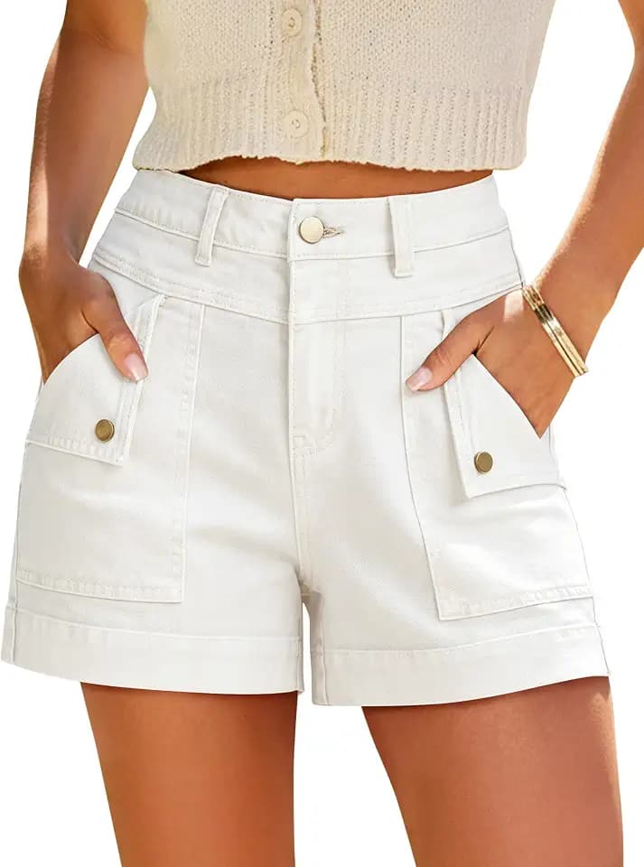 Eddoyee Jean Cargo Shorts for Women Denim Y2k High Waist Stretchy Shorts Wide Leg Casual Shorts with Pockets