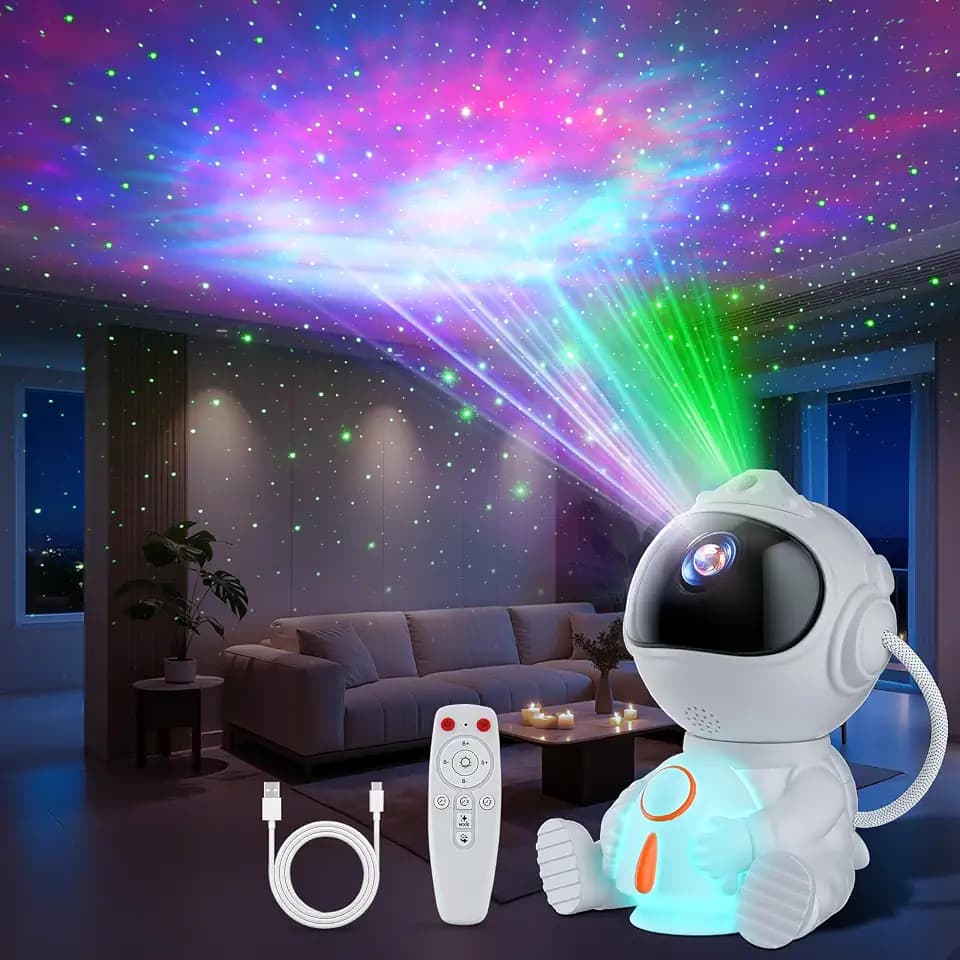 Sternenhimmel Projektor, Astronaut LED Sternenprojektor mit 8 Nebelmodi, 5 Helligkeit & Geschwindigkeit, 2 Sternenmodi & Timing, Fernbedienung Rakete Nachtlicht für Kinder Erwachsene Party