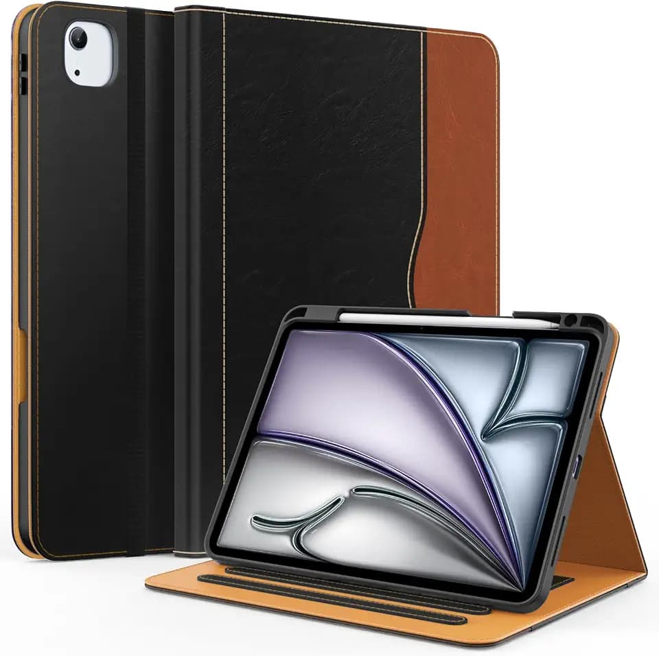 ZoneFoker Premium Leather Folio Case for iPad Air 10.9 inch 2022/2020 - Black+Brown, Multi-Angle Viewing Stand, Apple Pencil Holder