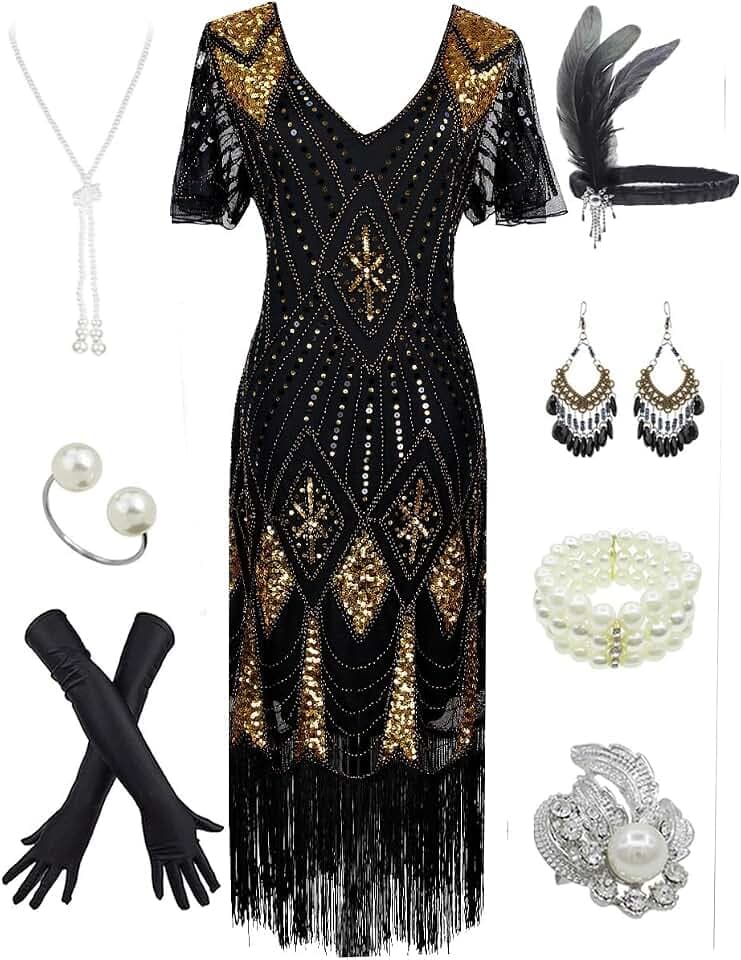 Women's 1920s Gatsby Inspired Sequin Beads Long Fringe Flapper Dress w/Accessories Set, Black&gold, XXX-Large