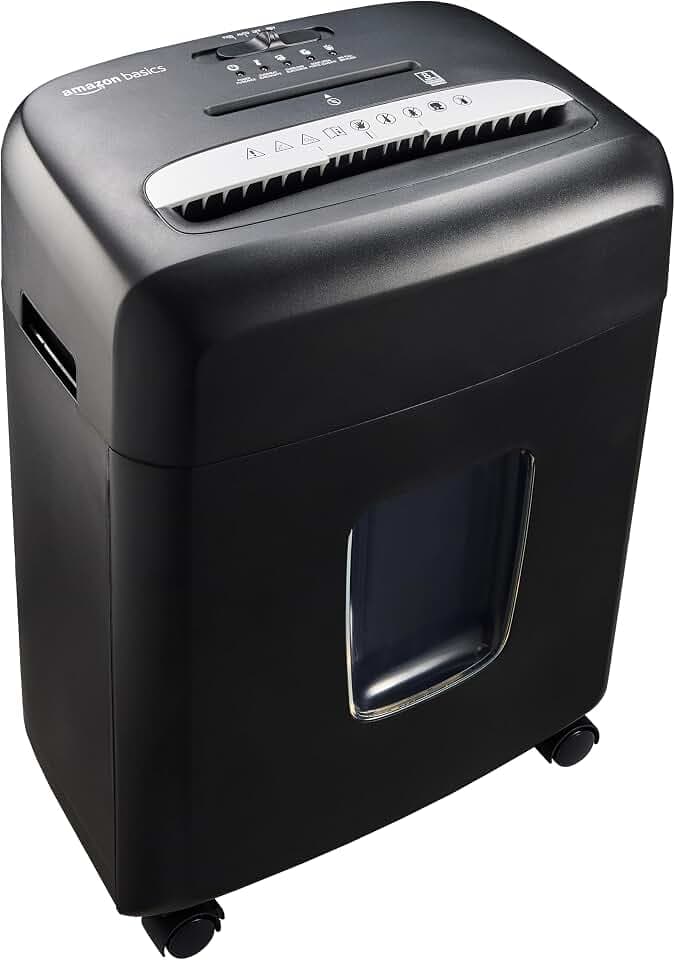 Amazon Basics Aktenvernichter mit Mikropartikelschnitt, 8 Blatt, mit Transparentem Sichtfenster, für Dokumente, CDs und Kreditkarten, 15l Auffangbehälter, Schwarz