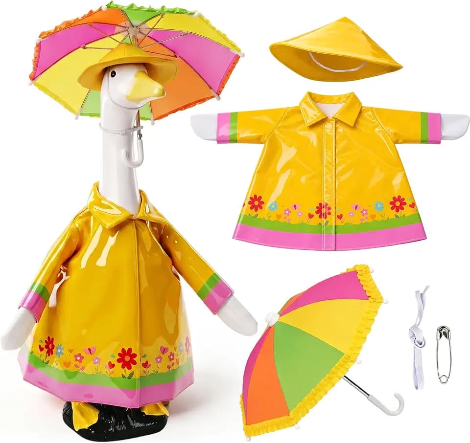 Porch Goose Rain Suit Costume Set, Weather Resistant Goose Figurine Outfit with Umbrella Design, Outdoor Garden Yard Decoration