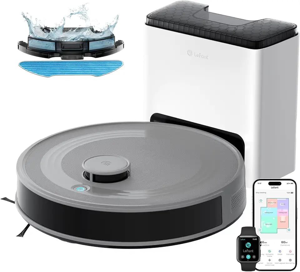 Lefant M2S Plus Staubsaugerroboter mit Absaugstation, 10.000 Pa Saugleistung, Hindernisvermeidung, 240 min Laufzeit, ideal für Tierhaare, Teppiche & Hartböden, kompatibel mit Alexa/App, Grau