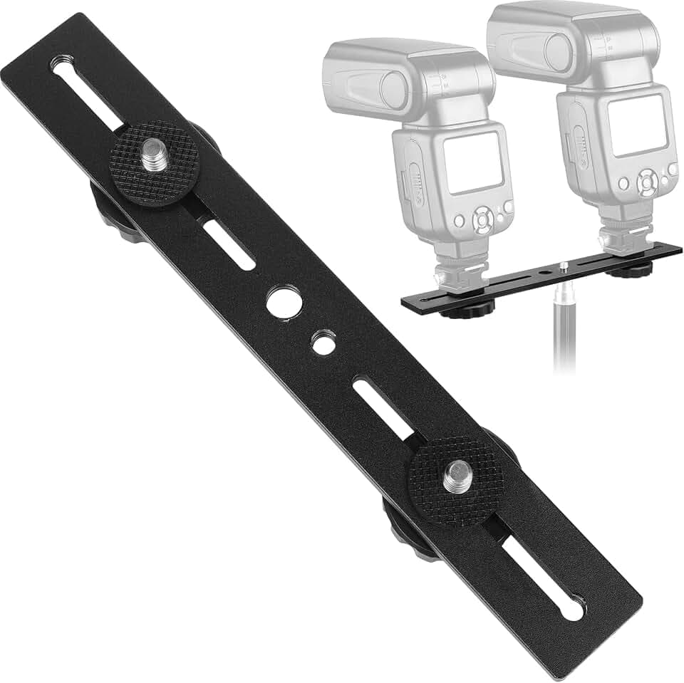 Dual Camera Mount Flash Extension Bar, ChromLives 8"/20.3cm Tripod Bracket Mount, 1/4'' Dual Hot Shoe Mount for Camera Compatible with LED Light, DSLR Camera, Tripod and More