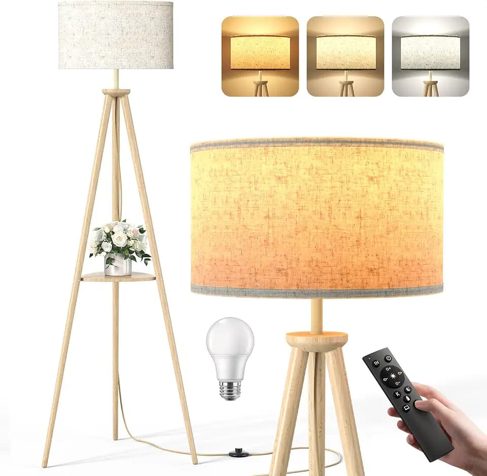 Dreibein Stehlampe Wohnzimmer mit Regal - 12W Holz LED Dimmbar Stehende Lampe mit Fernbedienung & E27 Lampe, Stehend Leselampe für Schlafzimmer, Büro, Hellbraun – Dreieckiges Regal