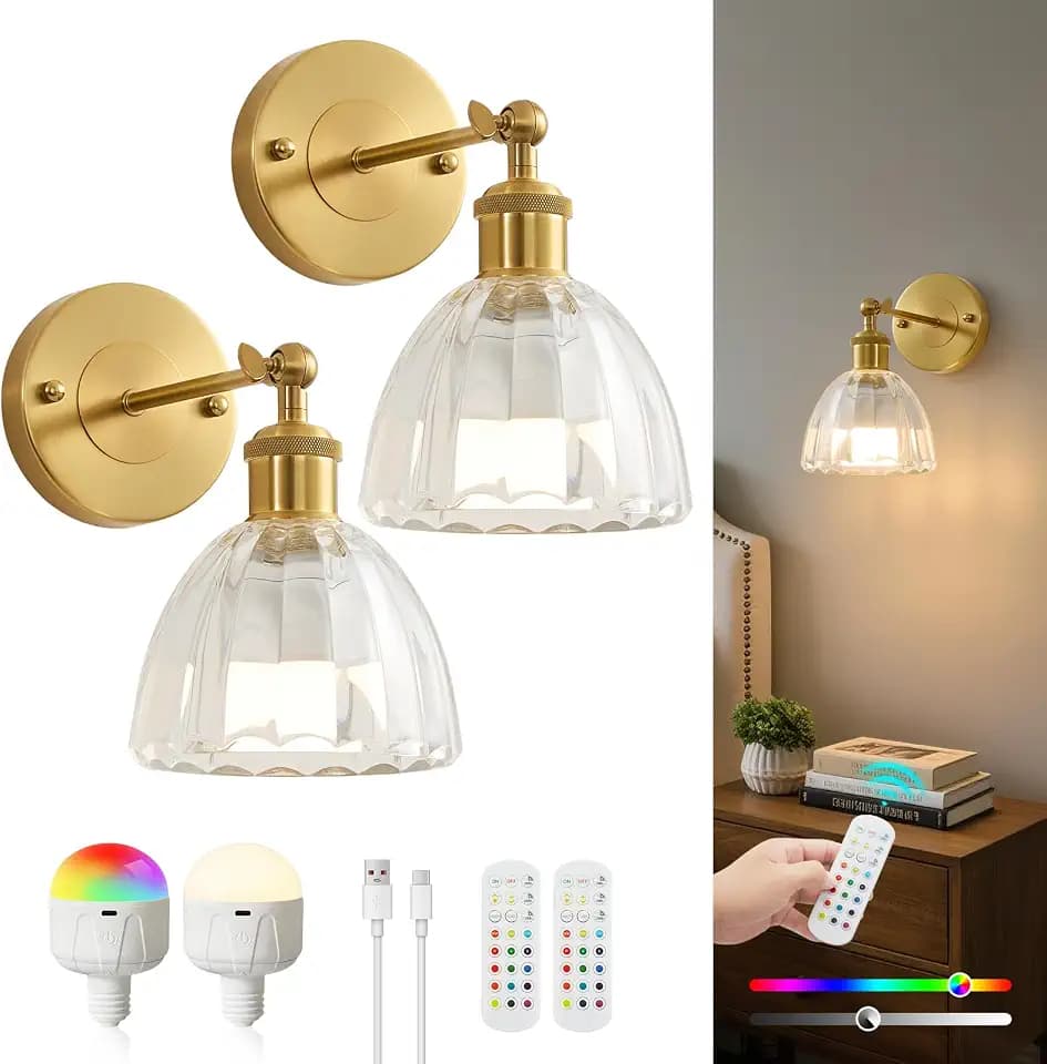 Vitnucrol 5000mAh Rechargeable Wall Sconces Set of 2, Glass Shade