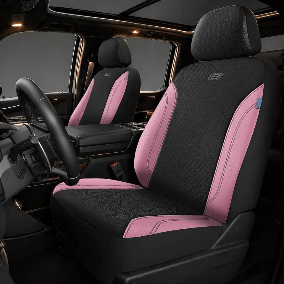Skechers Work Seat Covers, Leather Seat Covers 5-Times Stronger Built-in Webbing, Oxford Fabric Front Seat Cover, Airbag Compatible, Automotive Comfort for Cars, Trucks, SUVs,Pink