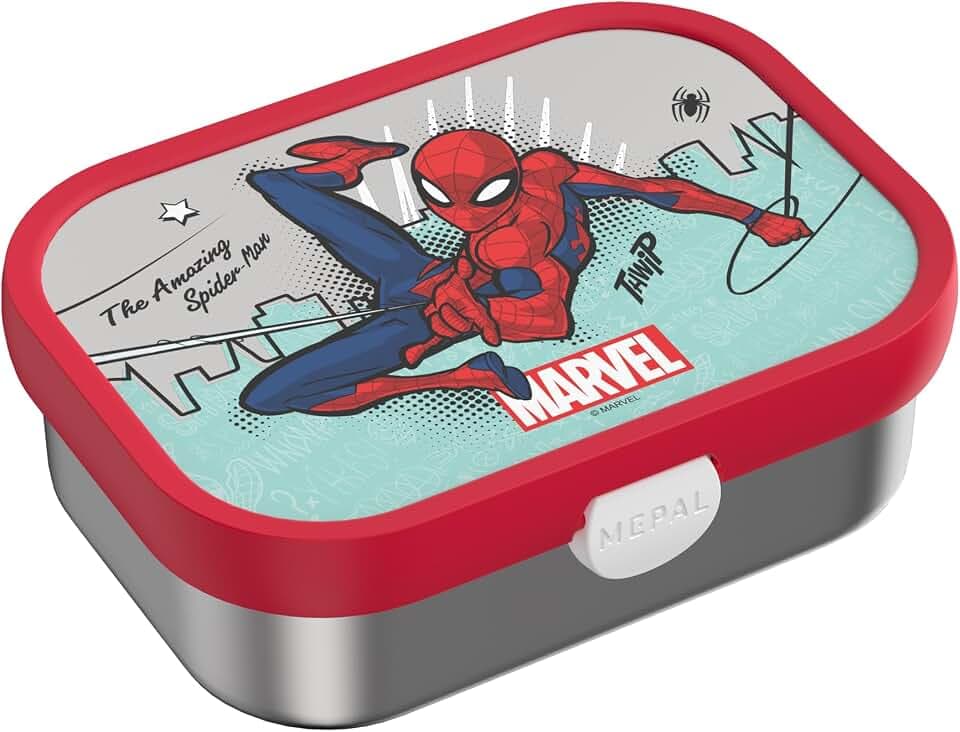Mepal - Brotdose Edelstahl Campus - Bento Box Kinder - Brotdose Edelstahl Kinder mit Fächern & Gabel - Meal Prep Box mit Clip-Verschluss - BPA-frei & Spülmaschinenfest - 750 ml - Spiderman
