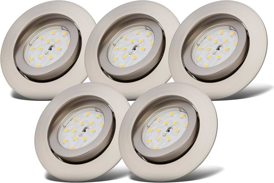B.K.Licht - 5er Set LED Einbaustrahler 230V dimmbar in Stufen, schwenkbar, Lochdurchmesser 68mm, LED Spot, flach, Deckenspots, Spots, Einbauleuchten, Einbauspots, 82x28 mm, Matt-Nickel