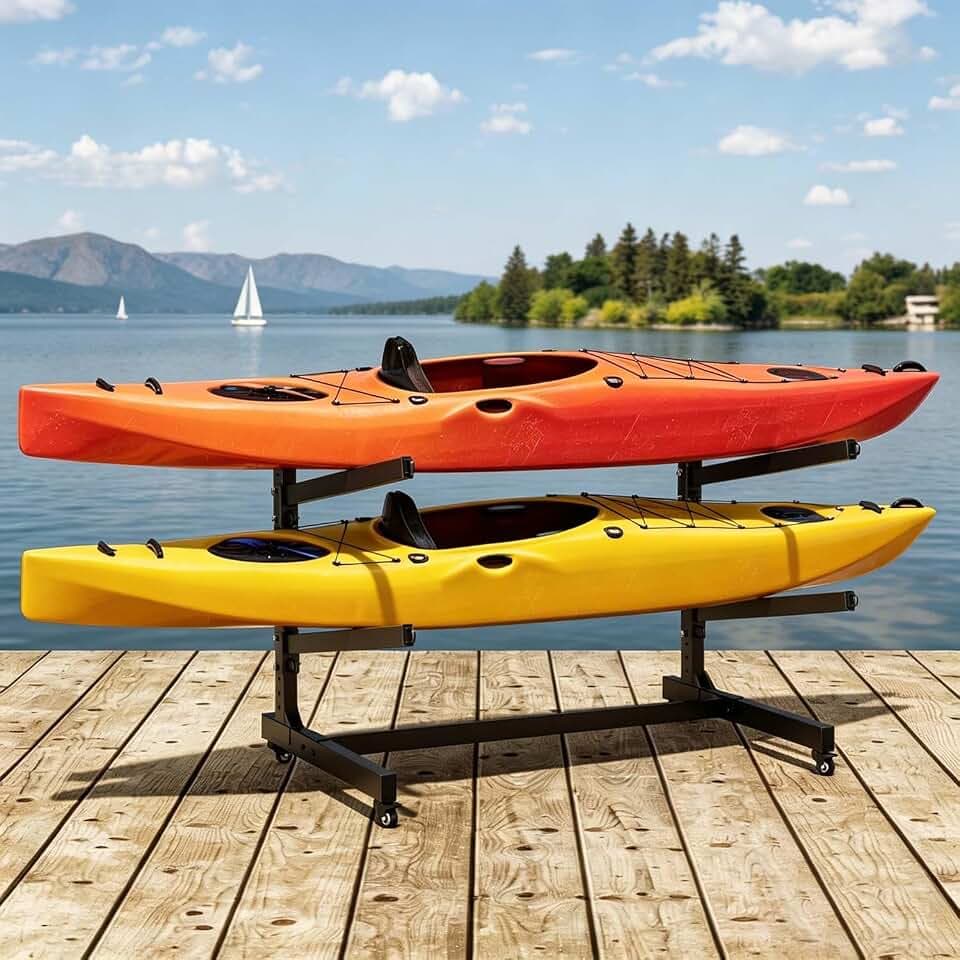 Baotree 2 Levels Heavy Duty Freestanding Kayak Storage Rack with Lockable Wheels, Adjustable Metal Stand for 2 Kayaks, Canoes, SUPs, Paddleboards & Surfboards, Indoor & Outdoor Use