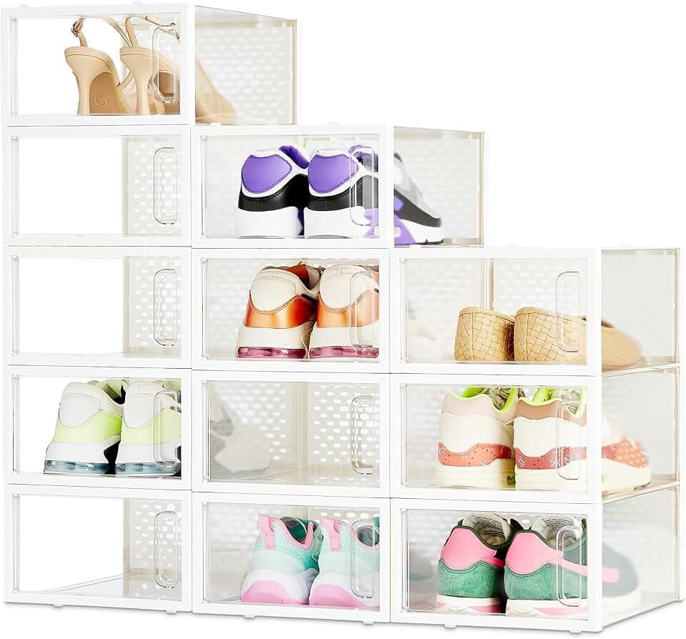 Amazon Basics Schuhaufbewahrungsbox, stapelbar und faltbar, 12 Stück, klein, Transparent