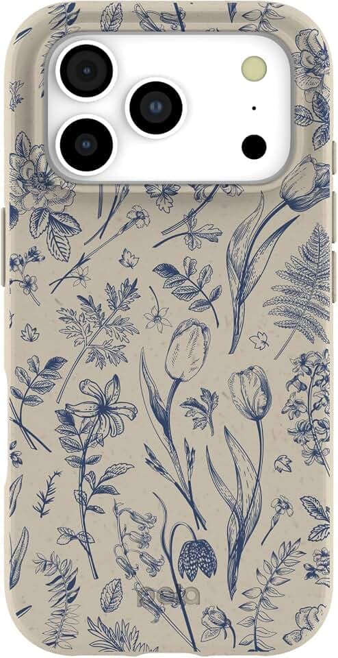 Pela | Phone Case Compatible with iPhone 17 Pro | MagSafe Included | Cute Eco Friendly | Made with Plants | London Fog Indigo Bouquet