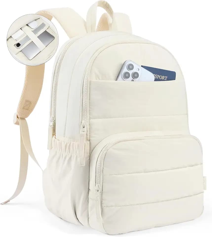 Uselike Travel Backpack for Women, 15.6 Inch Laptop Backpack, Quilted College Bookbag, Cute Work Backpacks, Water Resistant (Beige)