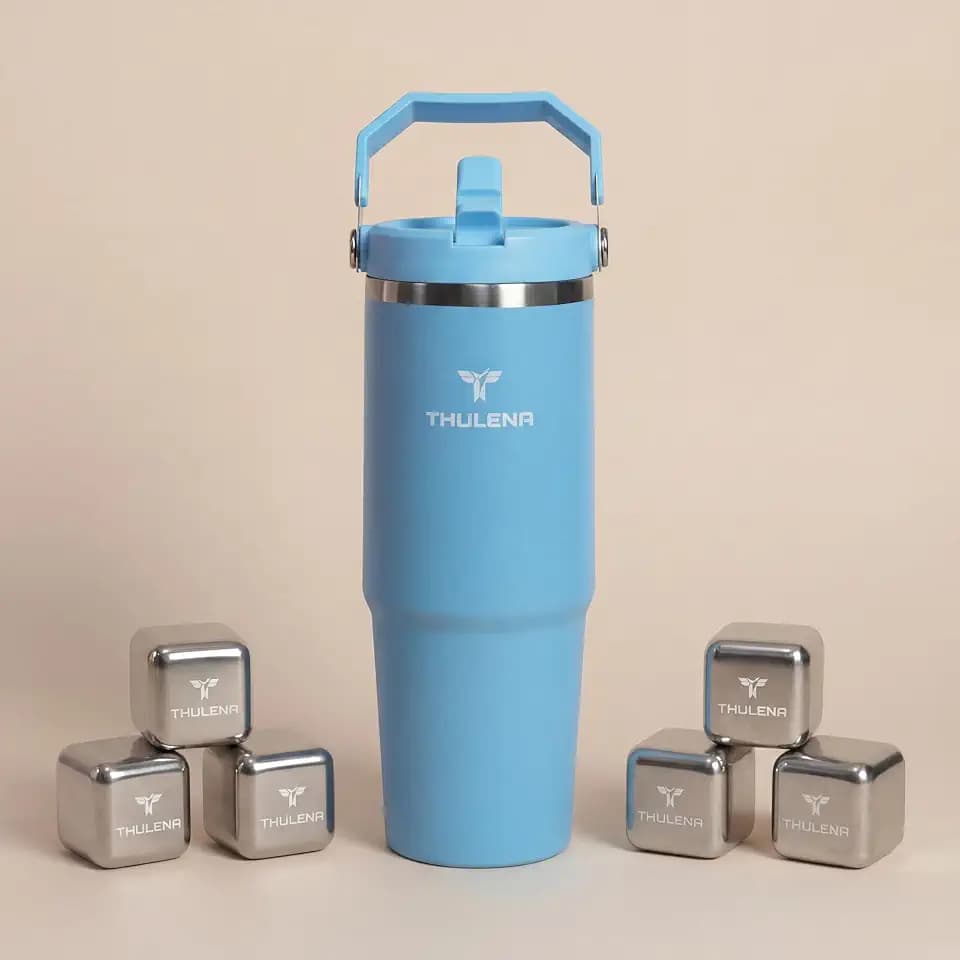POWERSIP - 30 oz Premium Stainless Steel Water Bottle with Top Handle and six free metal ice cubes – Stay hydrated all day - perfect for workouts, travel, or everyday (Light Blue)