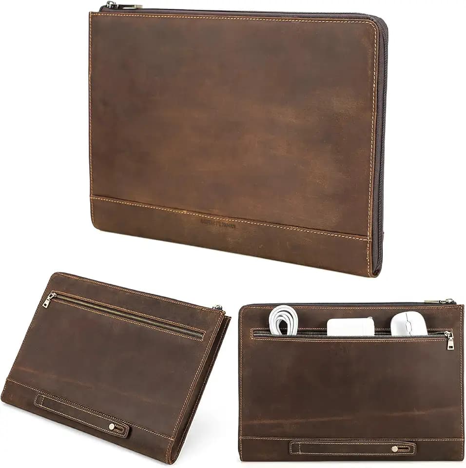 Top Grain Leather 14.2" Slim Laptop 90° Zipper Bag, Vintage Design, Handmade, Compatible with MacBook Pro/Air 14"/13.3"/13.6" 2021 2022 M1 Pro/M1 Max A2442 & Other Laptop, Coffee 14.2 Inch