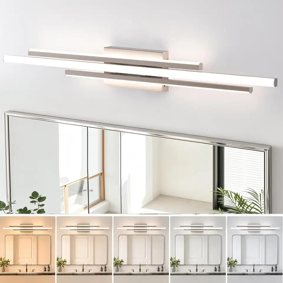 35.43 inch Brushed Nickel LED Vanity Light, 5CCT Dimmable Bathroom Light Fixture Over Mirror, Modern Curved Wall Lamp 2500K-5500K for Bathroom Lighting